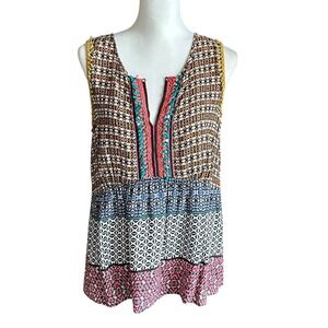 Ranna Gill Top Size Medium Multicolor Geometric Print Boho‎ Blouse Anthropologie